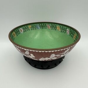 Cloisonné  Enamel Bowl with Cooper Rim 8" Green Inner Red White Floral Outer
